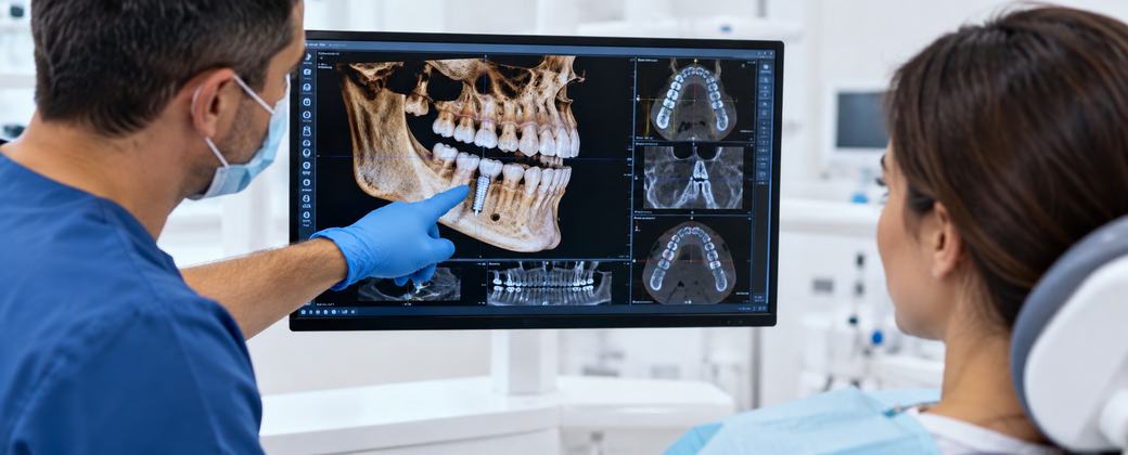 צילום CBCT תלת־ממדי של הלסת מוצג על מסך מחשב במרפאה.